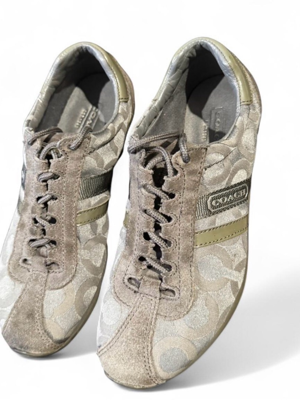 Coach Taupe Signature Stripe Lace-Up Sneakers